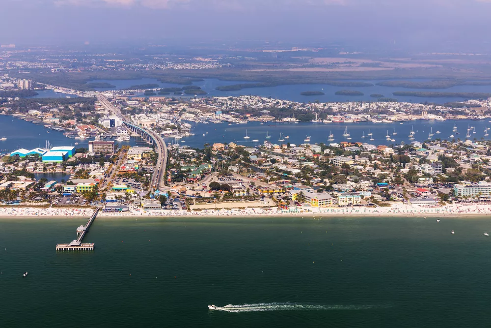 Aerial view of Fort Myers Beach and the surrounding community